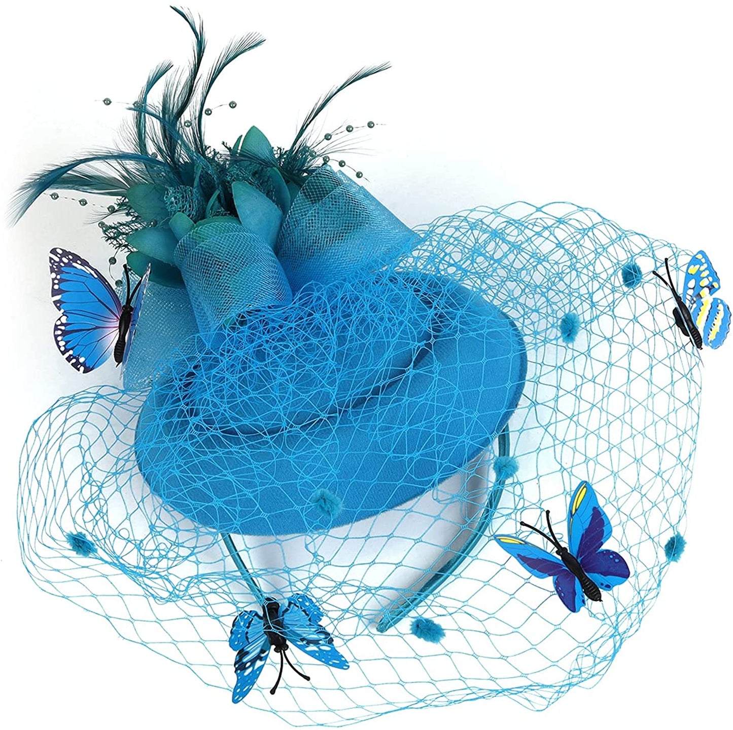 Cap Point Lake Blue Mirva Kentucky Derby Flower Batterfly Veil Tea Party Wedding Party Hat Fascinators