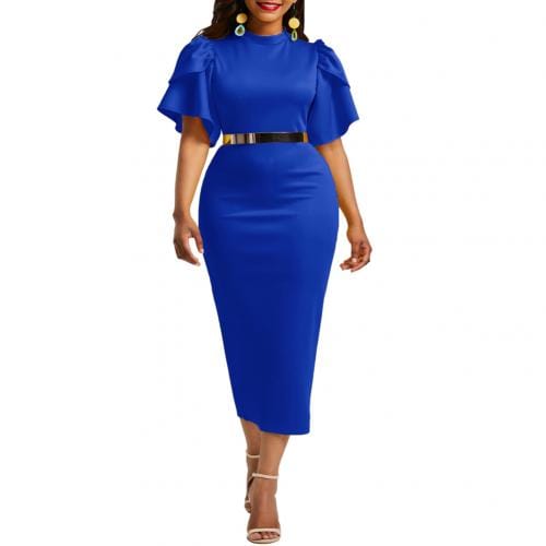 Cap Point Light Blue / M Maurine O Neck Short Flare Sleeve Bandage Banquet Short Midi Dress