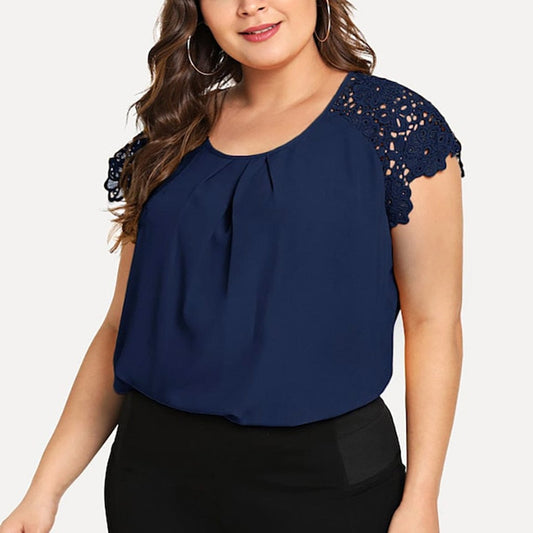 Cap Point Maguy Plus Size O-neck Floral Lace Shoulder Blouse