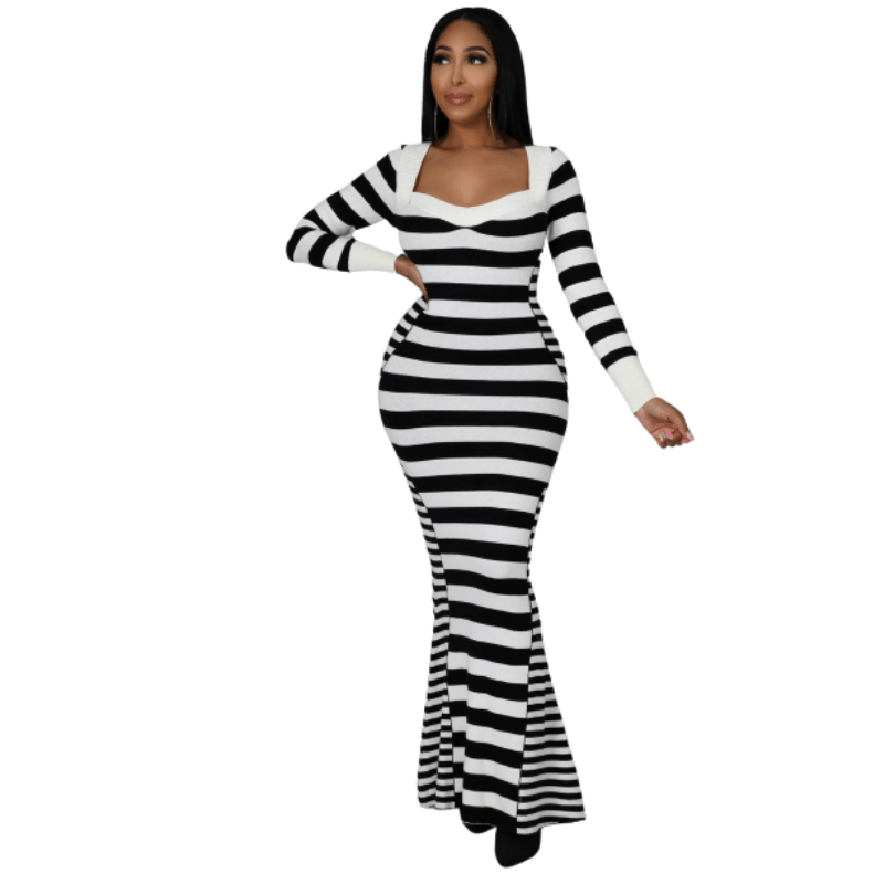 Cap Point Mandla Mermaid Striped Patchwork Plunging V-Neck Long Sleeve Maxi Dress