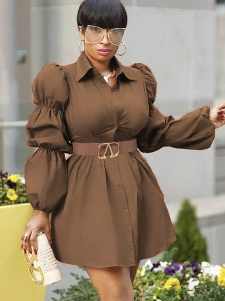 Cap Point Marla Long Sleeve Puff Sleeve Waist Belt Cardigan Mini Shirt Dress