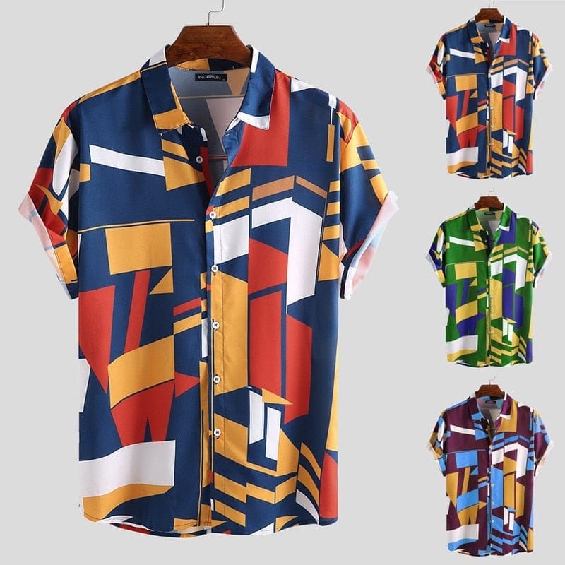 Cap Point Mens Geometric Print Lapel Short Sleeve Summer Shirt