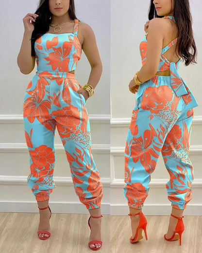 Cap Point Mileine Elegant Butterfly Print Crisscross Lace Up Details Backless Jumpsuit