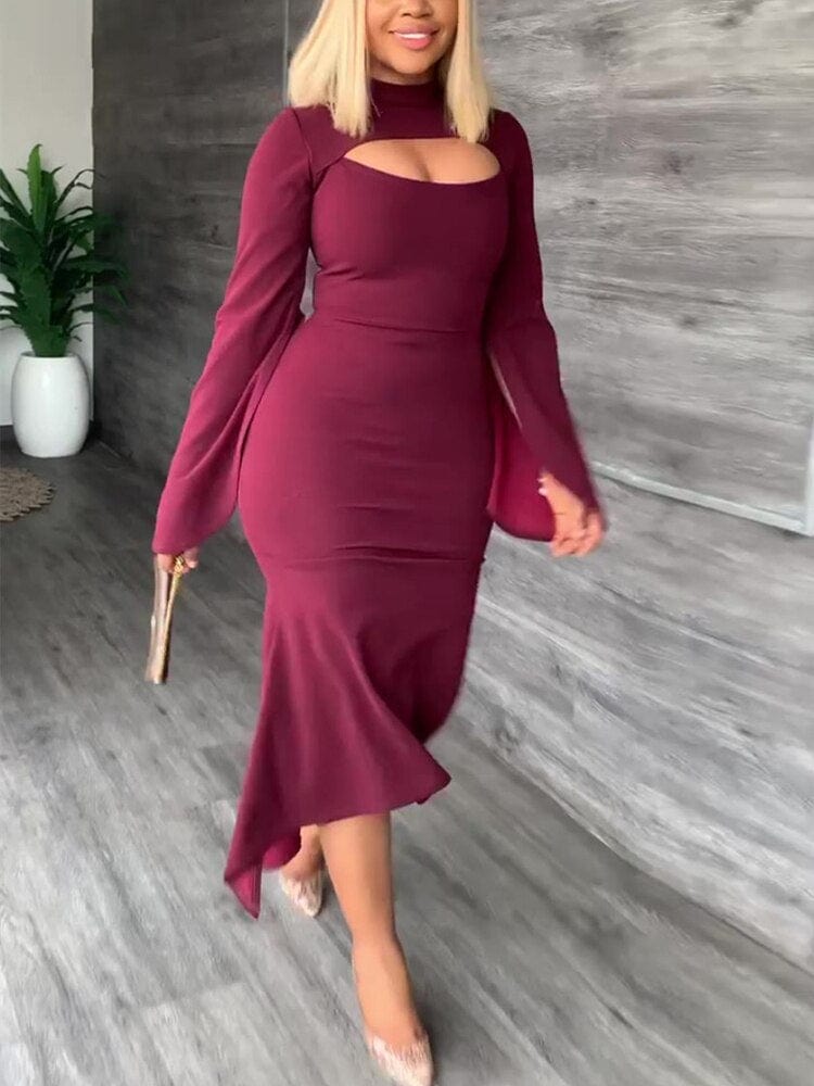 Cap Point Monroe Flare Sleeve Hollow Out Bodycon Elegant Mermaid Dress