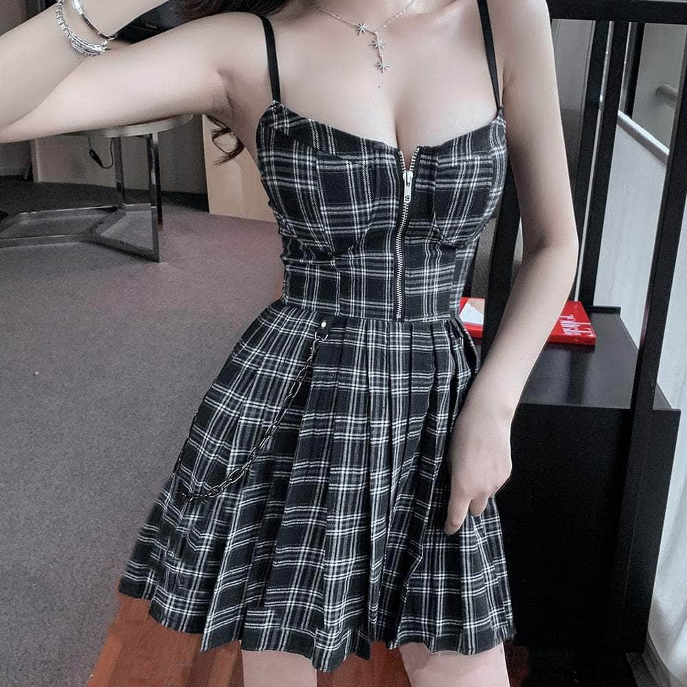 Cap Point Mriya Gothic Plaid Pleated Spaghetti Strap Mini Dress