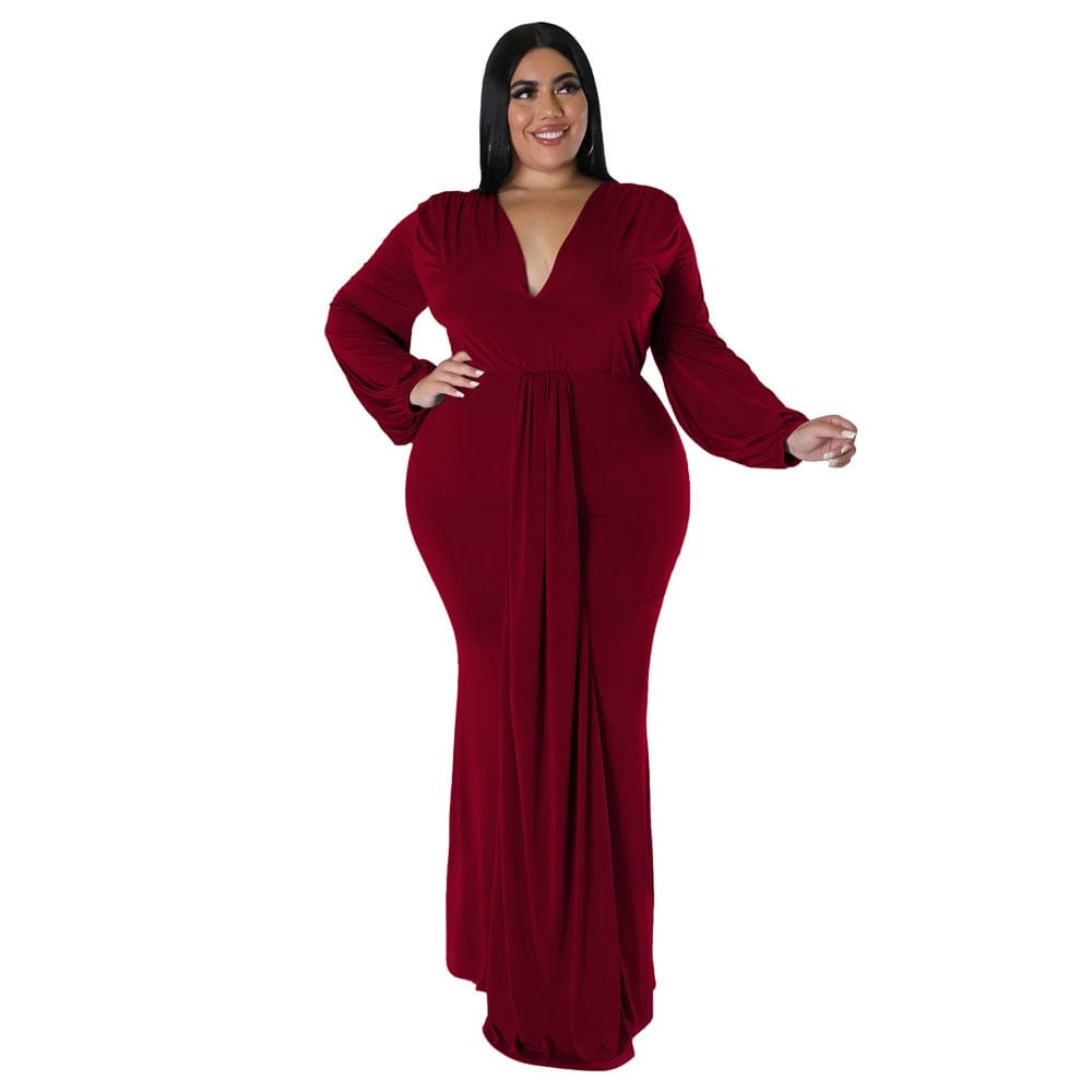 Cap Point Natalie Long Sleeve V Neck Irregular Elegant Plus Size Maxi Dress