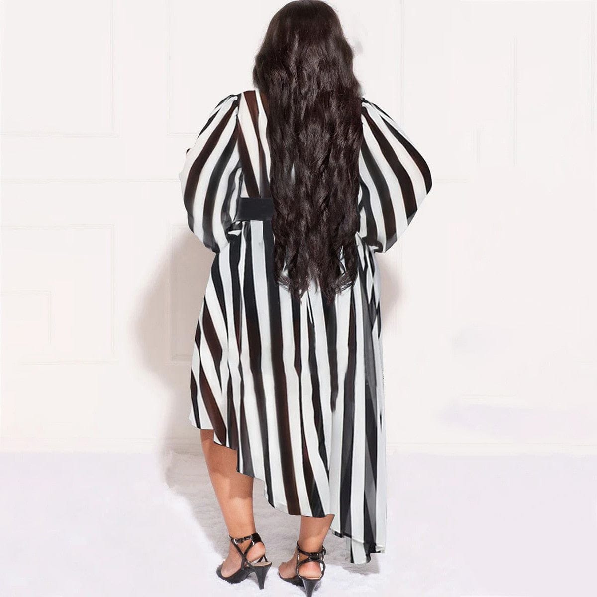 Cap Point Natalie Loose Stripe Printing Long Sleeve Irregular Maxi Dress