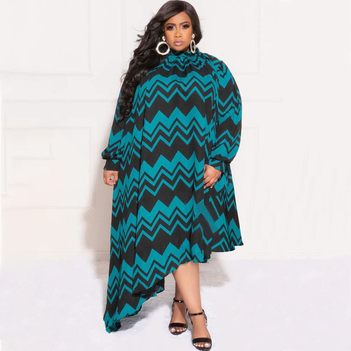 Cap Point Natalie Loose Stripe Printing Long Sleeve Irregular Maxi Dress