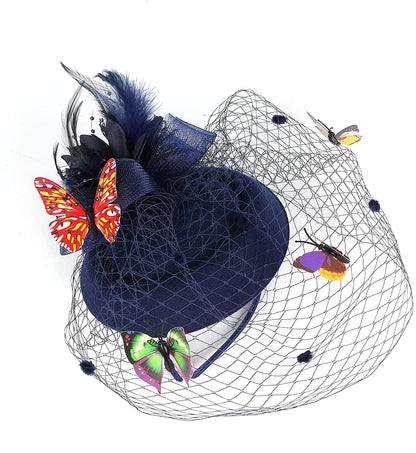 Cap Point Navy Blue Mirva Kentucky Derby Flower Batterfly Veil Tea Party Wedding Party Hat Fascinators