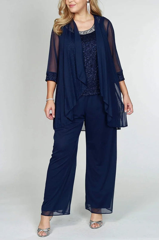 Cap Point Navy Blue / XL Francine Plus Size Chiffon Mother of the Bride Pant Set