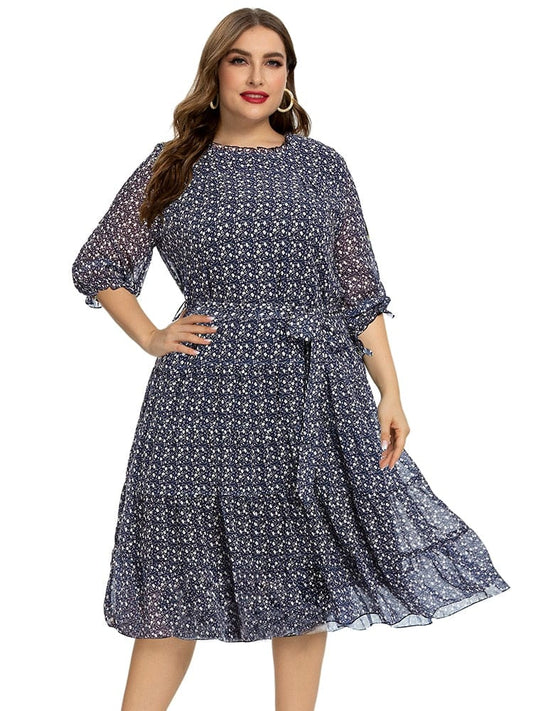 Cap Point Navy Blue / XL Jacintha Print Flower Fashion Ladies Chiffon Vintage Elegant Dress