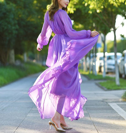 Cap Point Olivia Elegant Flowy Chiffon High Quality Loose Belt Maxi Dress