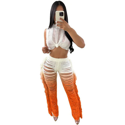 Cap Point Orange / L Aimee Crochet Crop Top and Wide Leg Pants Tassel Hollow Out Hole Two Piece Set