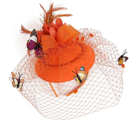 Cap Point Orange Mirva Kentucky Derby Flower Batterfly Veil Tea Party Wedding Party Hat Fascinators