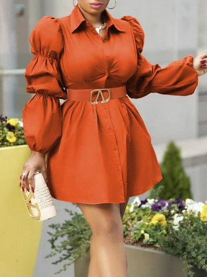 Cap Point Orange Red / M Marla Long Sleeve Puff Sleeve Waist Belt Cardigan Mini Shirt Dress