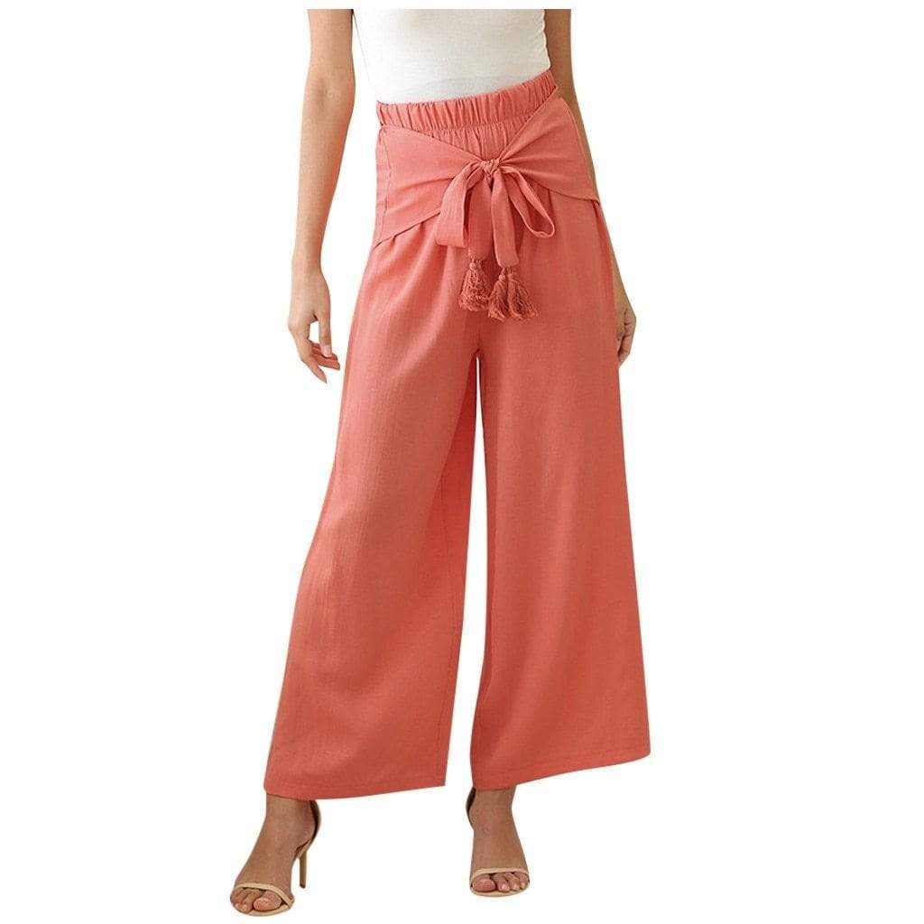 Cap Point Orange / S / China Comfy Workout Elastic High Waist Bowknot Wide Leg Pants