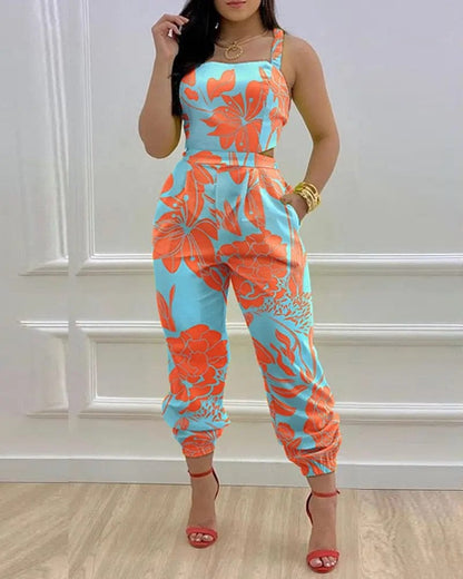 Cap Point Orange / S Mileine Elegant Butterfly Print Crisscross Lace Up Details Backless Jumpsuit