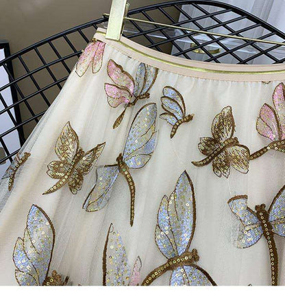 Cap Point Perline Flowers Embroidery Tulle High Waist Midi Pleated Maxi Skirt