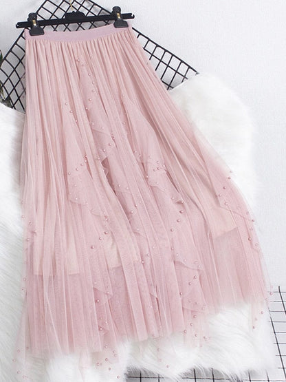 Cap Point Pink / One Size Emine High waisted ruffled pleated tulle maxi skirt