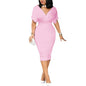 Cap Point Pink / S Fashion V Neck Short Ruffled Sleeve Belt Bodycon Midi Dress