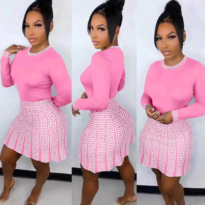 Cap Point Pink / S Nseya Round Neck Long-sleeved T-shirt Short Skirt Suit