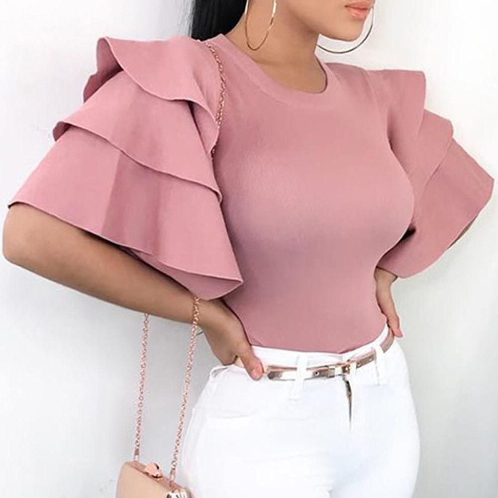 Cap Point Pink / S Pascaline Multi-Layer Ruffle Wide Sleeve Casual Blouse