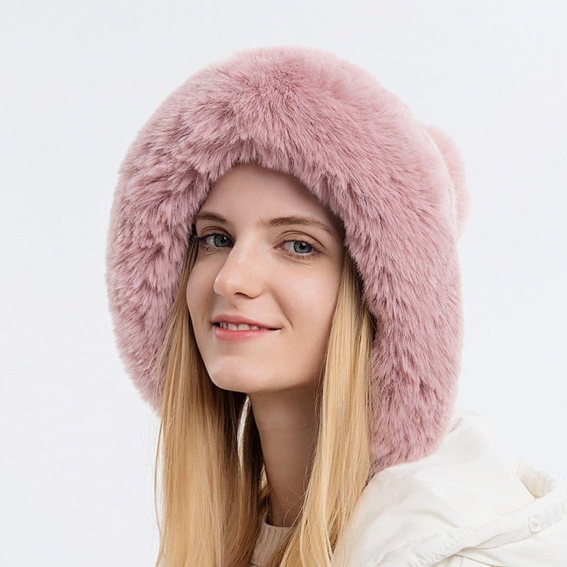 Cap Point Pink Thicken Plush Winter Warm Knitted Hat with Earflap