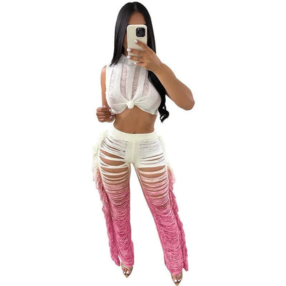 Cap Point Pink / XL Aimee Crochet Crop Top and Wide Leg Pants Tassel Hollow Out Hole Two Piece Set