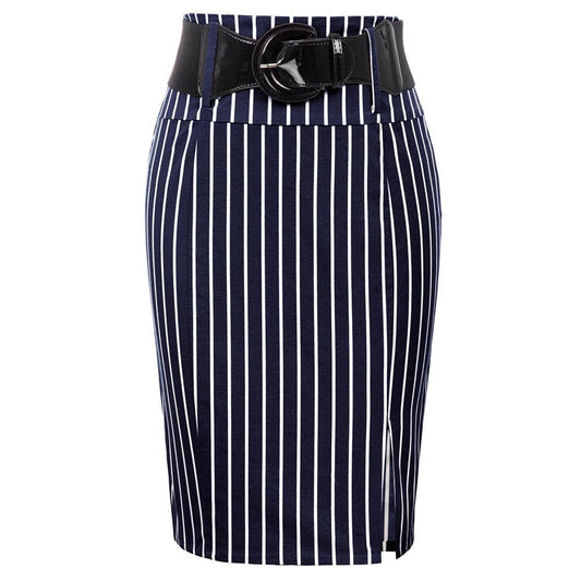 Cap Point Pinstripe High Waist Belt Hips-wrapped knee vintage Skirt