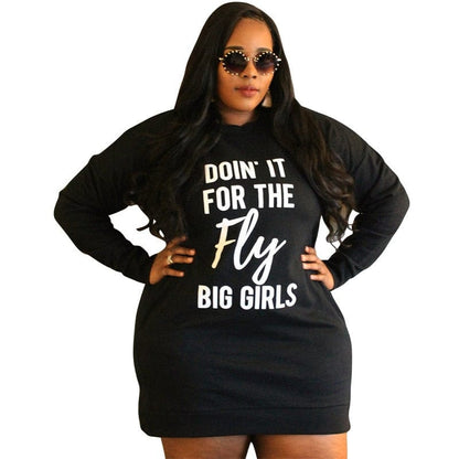 Cap Point Plus Size Letter Print Hoodie Casual Loose Mini Dress