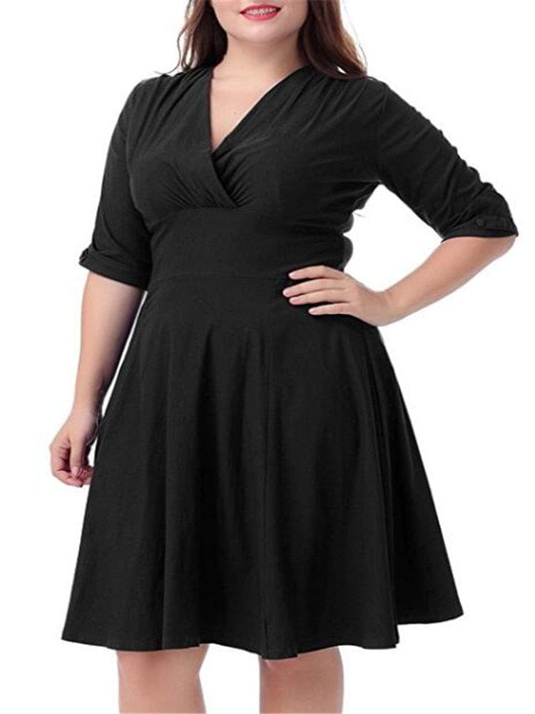 Cap Point Plus size V-neck Half Sleeve A-line Midi Dress