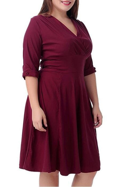 Cap Point Plus size V-neck Half Sleeve A-line Midi Dress