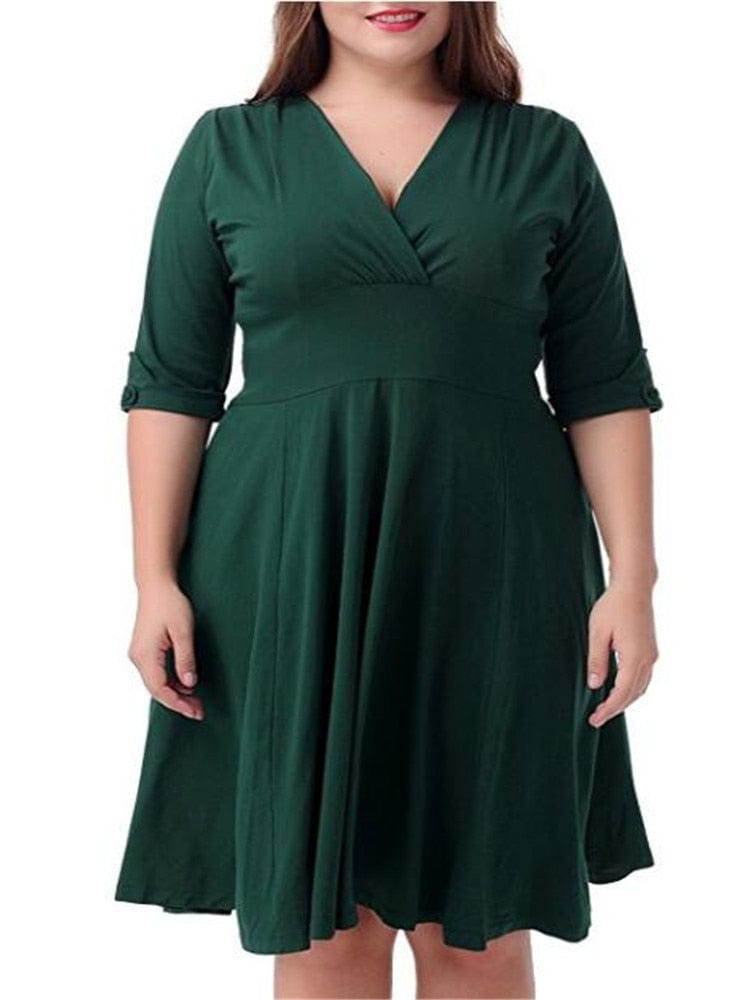 Cap Point Plus size V-neck Half Sleeve A-line Midi Dress