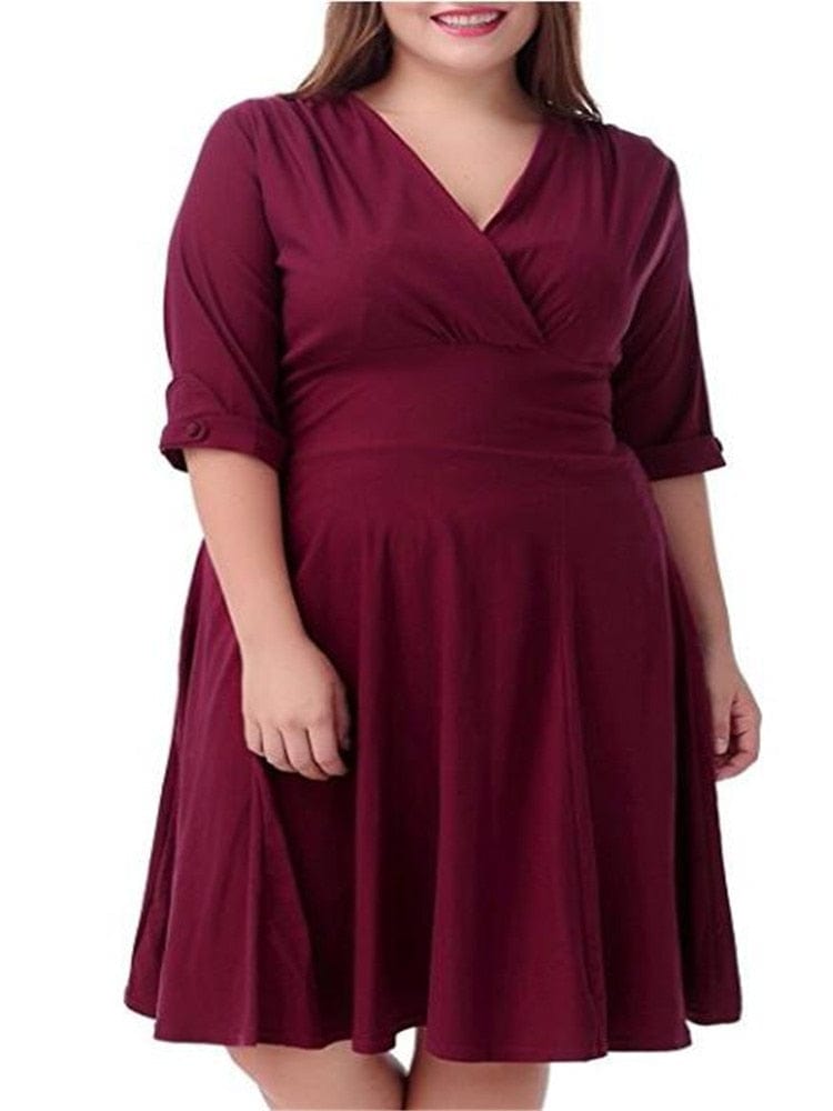 Cap Point Plus size V-neck Half Sleeve A-line Midi Dress