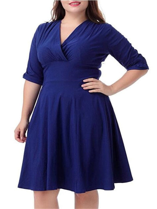 Cap Point Plus size V-neck Half Sleeve A-line Midi Dress