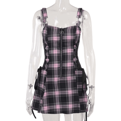 Cap Point Polyester design3 / XS Mriya Gothic Plaid Pleated Spaghetti Strap Mini Dress