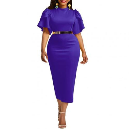 Cap Point Purple / M Maurine O Neck Short Flare Sleeve Bandage Banquet Short Midi Dress