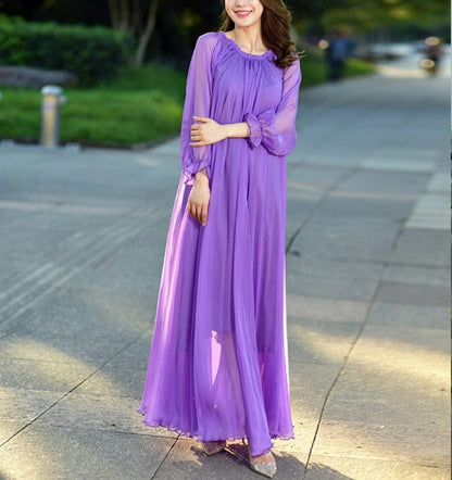 Cap Point Purple / M Olivia Elegant Flowy Chiffon High Quality Loose Belt Maxi Dress