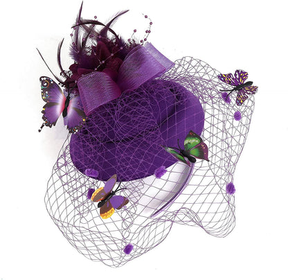 Cap Point purple Mirva Kentucky Derby Flower Batterfly Veil Tea Party Wedding Party Hat Fascinators