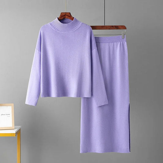 Cap Point PURPLE / One Size Aimee Knit Turtleneck Sweater + Long Midi Straight Skirt Two Piece Set