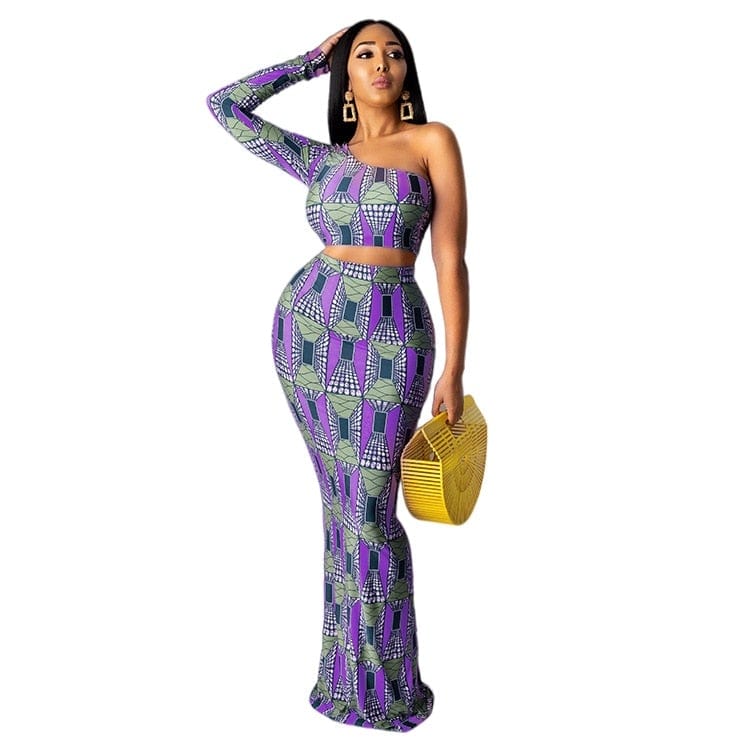 Cap Point Purple / S Elmerade Skew Neck Crop Top Mermaid Skirt Suit