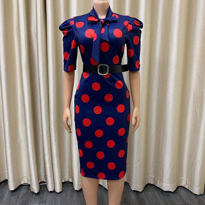 Cap Point Raissa Elegant Dot Printed High Waisted Short Sleeve Midi Dress