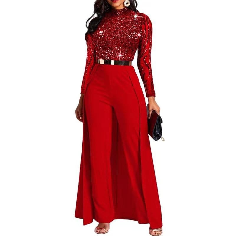 Cap Point Red 1 / M Raissa Sequined Fashion Full Sleeve High Waist Jumpsuit