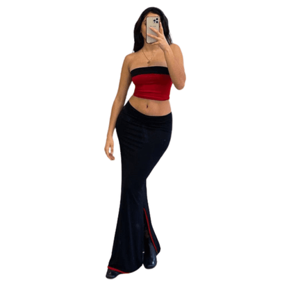 Cap Point Red Black / S Malia Beach Strapless Two Piece Crop Top Bodycon Skirt Set