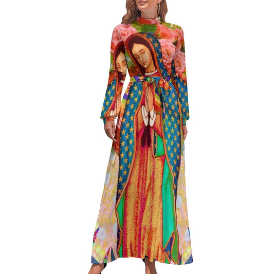 Cap Point Red green / XS Mary High Neck Long-Sleeve Boho Style Maxi Dress