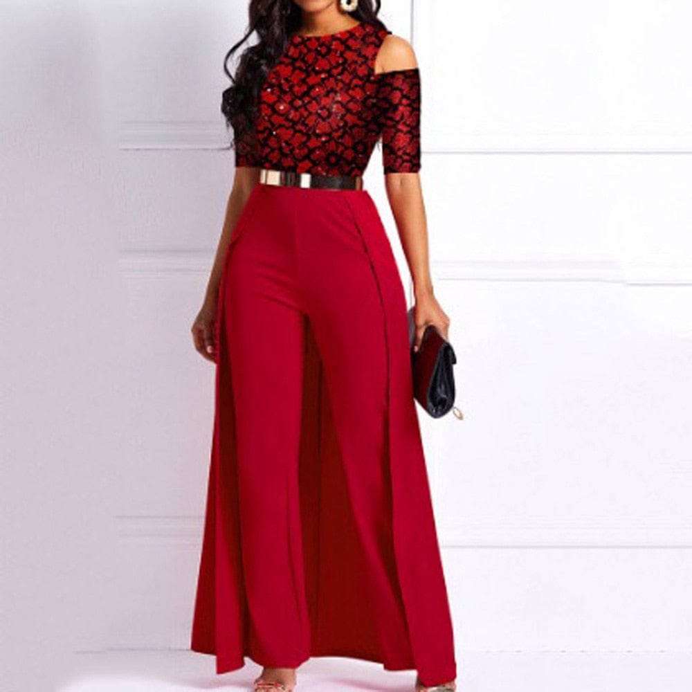 Cap Point Red / M Raissa Sequined Fashion Full Sleeve High Waist Jumpsuit