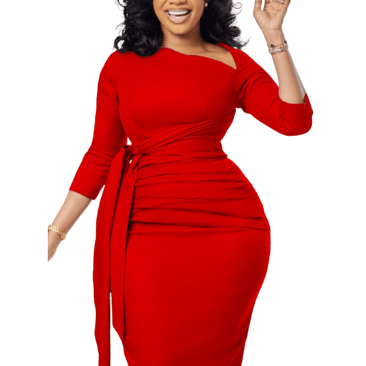 Cap Point Red / S Bianca Elegant Three Quater Sleeves Folds Asymmetrical Party Midi Dress