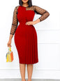 Cap Point Red / S Donda Polka Dot Patchwork Mesh Sleeve Bodycon Pleated Sheath Dress