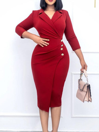 Cap Point Red / S Elegant Three Quarter Sleeve Button Up Bodycon Dress