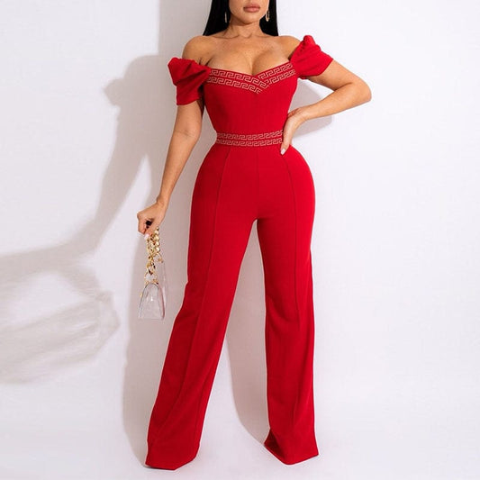 Cap Point Red / S Elianne Short Sleeve Off Shoulder Casual Jumpsuit